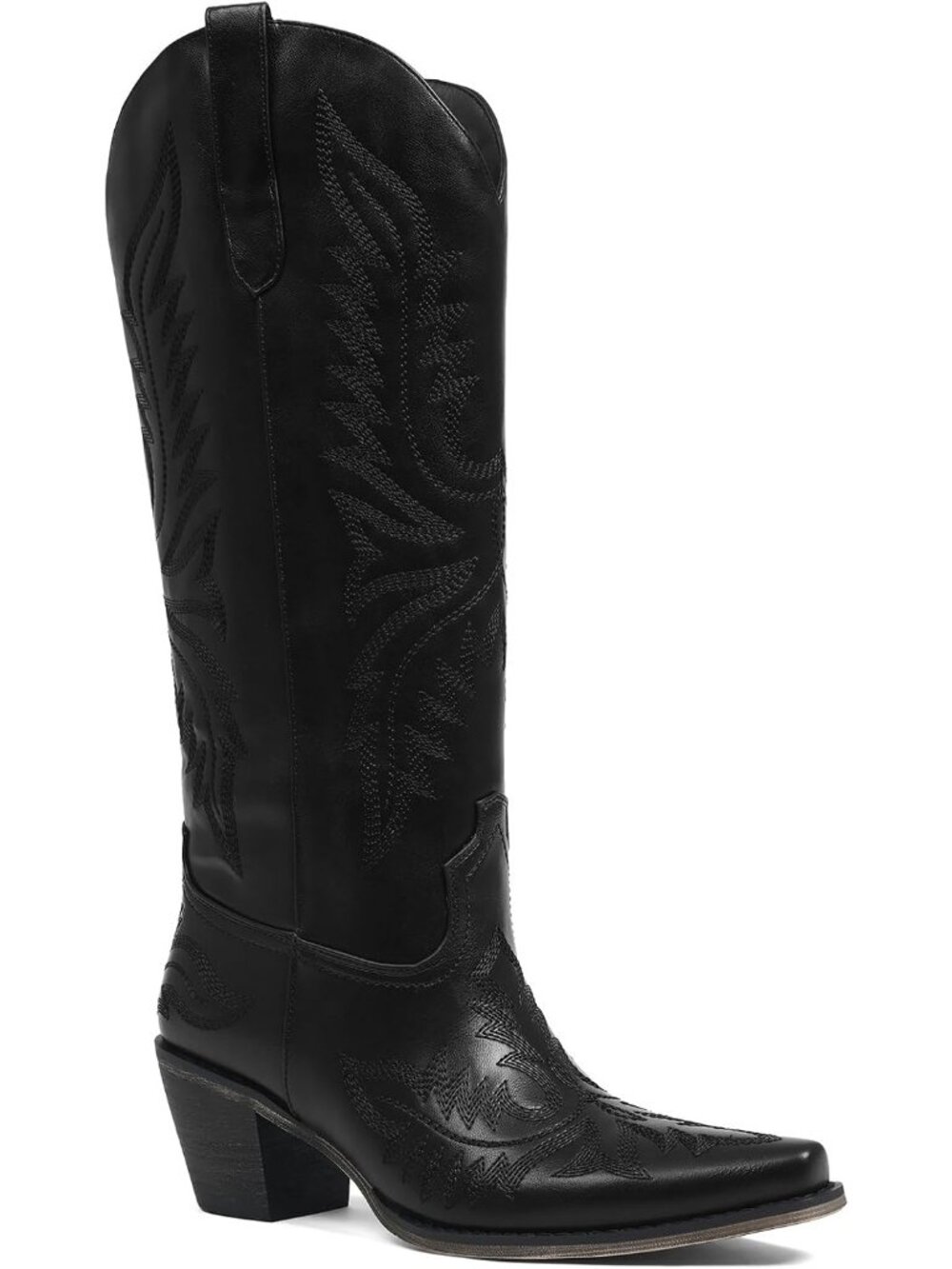 Women's Black Western Cowgirl Boots Knee High Snip Toe Embroidered Boots Pull On